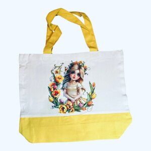 Large Canvas Tote Bag with Flower Girl Art | Hand Pressed | 17”x14”